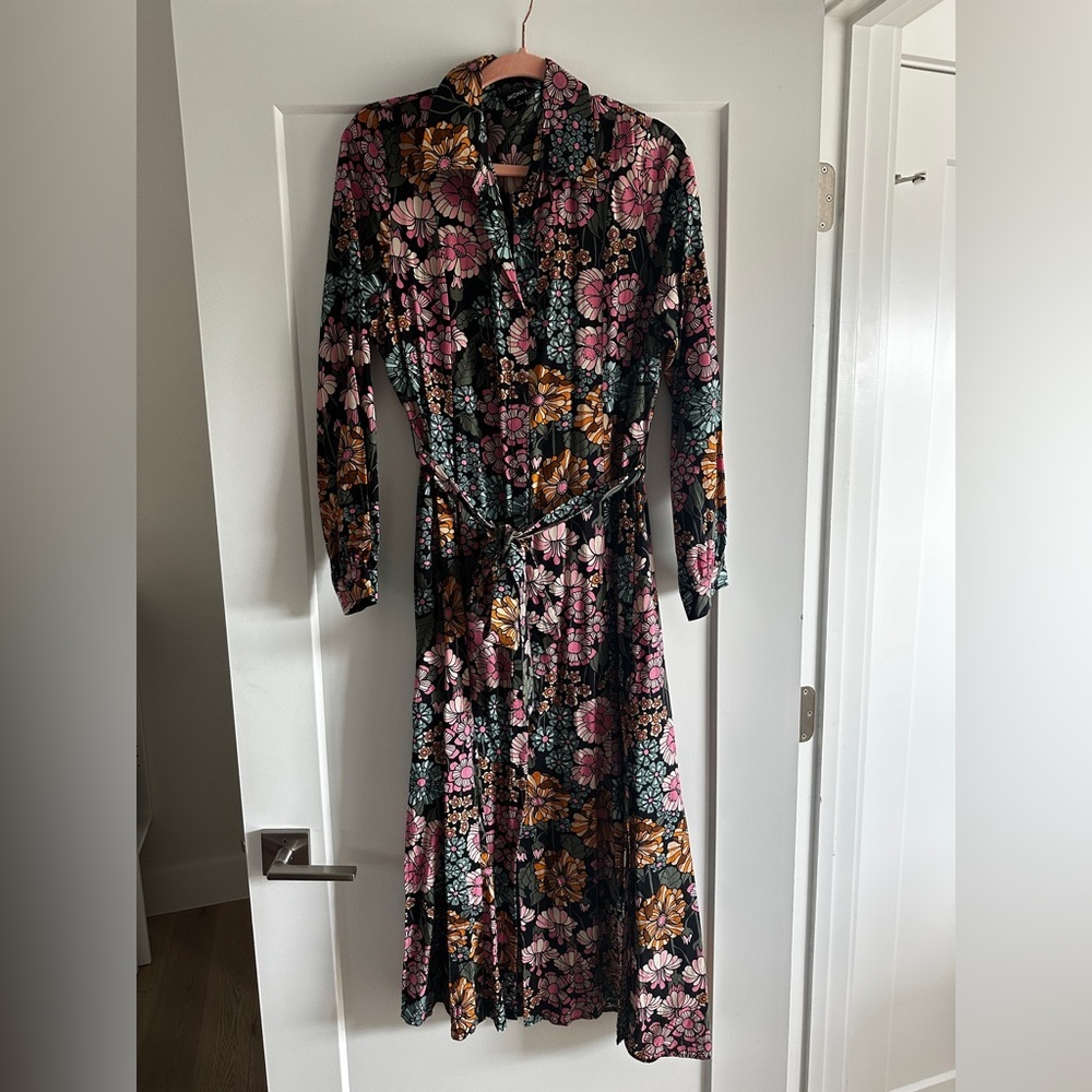 Monki Floral Tie-Waist Long Sleeve Dress Size M - Picture 3 of 10